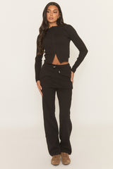 Black Button Front Long Sleeve Top and Trouser Loungewear Set - Izzabelle