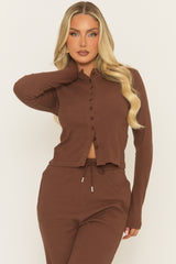Chocolate Button Front Long Sleeve Top and Trouser Loungewear Co-ord Set - Izzabelle