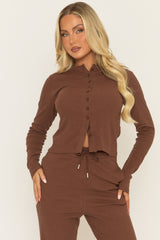 Chocolate Button Front Long Sleeve Top and Trouser Loungewear Co-ord Set - Izzabelle