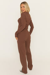 Chocolate Button Front Long Sleeve Top and Trouser Loungewear Co-ord Set - Izzabelle