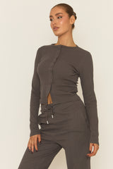 Slate Grey Button Front Long Sleeve Top and Trouser Loungewear Co-ord Set - Izzabelle