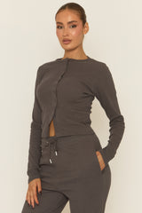 Slate Grey Button Front Long Sleeve Top and Trouser Loungewear Co-ord Set - Izzabelle