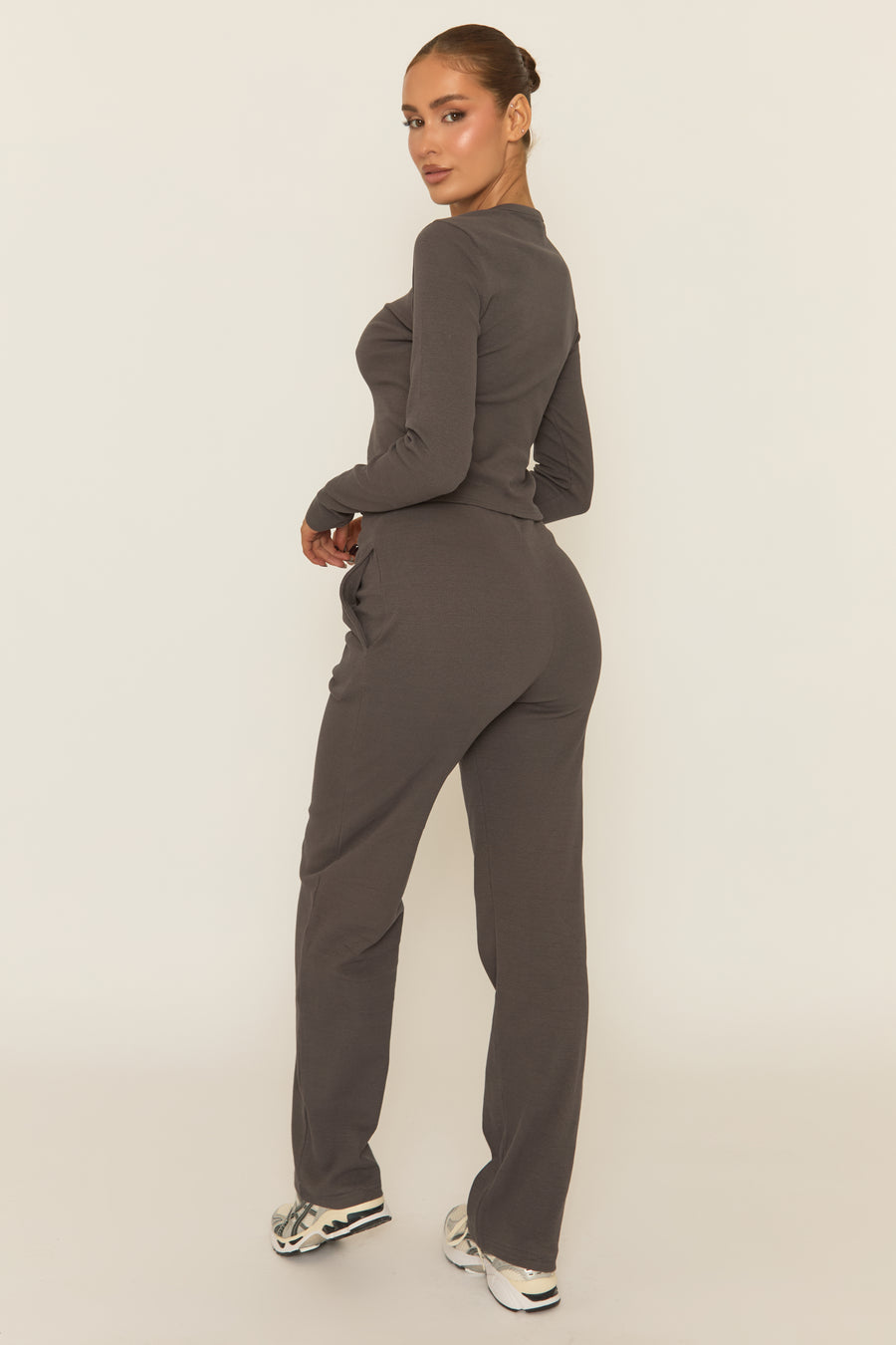 Slate Grey Button Front Long Sleeve Top and Trouser Loungewear Co-ord Set - Izzabelle