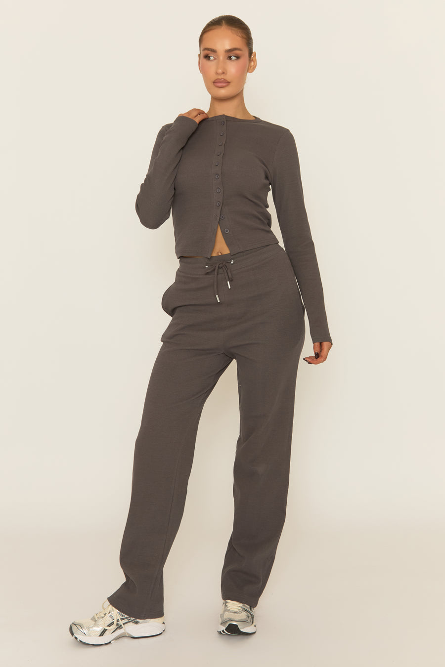 Slate Grey Button Front Long Sleeve Top and Trouser Loungewear Co-ord Set - Izzabelle