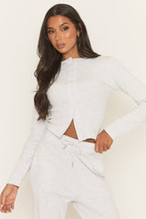 Bleach Grey Button Front Long Sleeve Top and Trouser Loungewear Set - Izzabelle