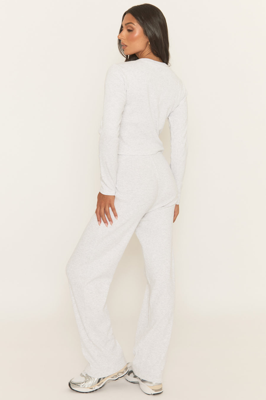 Bleach Grey Button Front Long Sleeve Top and Trouser Loungewear Co-ord Set - Izzabelle