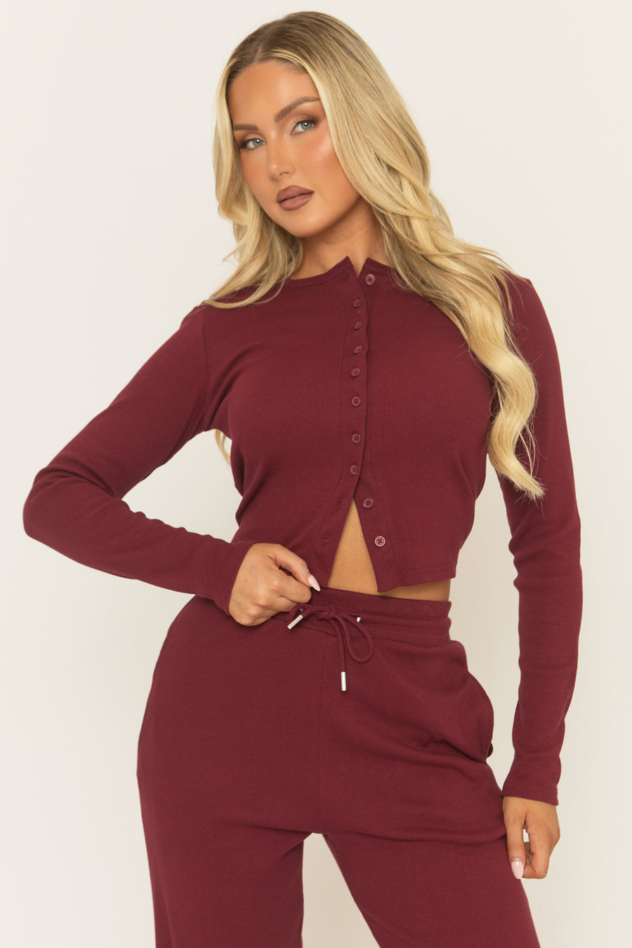 Wine Button Front Long Sleeve Top and Trouser Loungewear Co-ord Set - Izzabelle