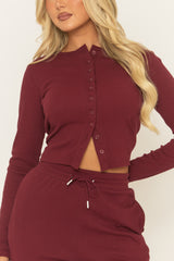 Wine Button Front Long Sleeve Top and Trouser Loungewear Set - Izzabelle