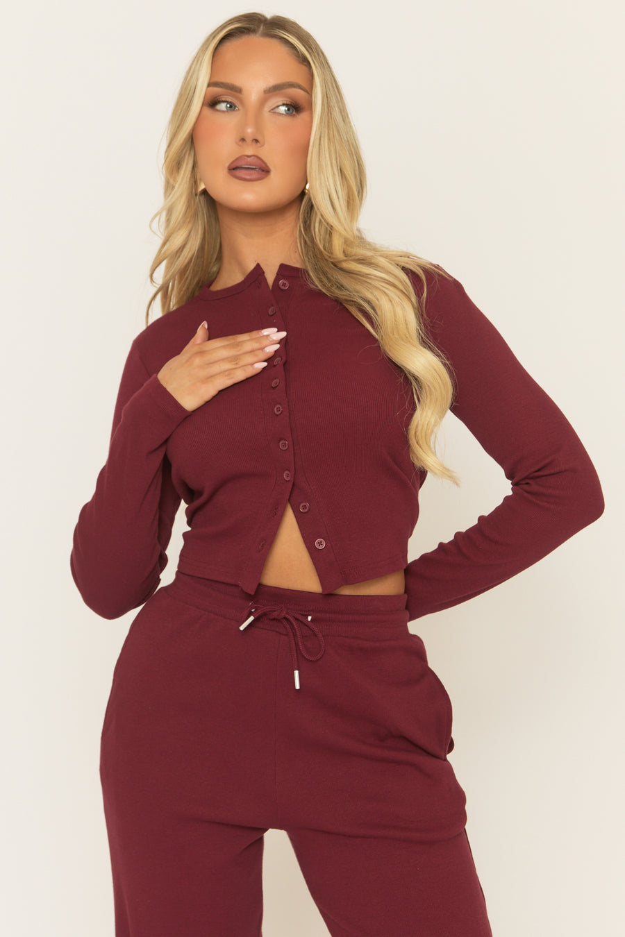 Wine Button Front Long Sleeve Top and Trouser Loungewear Co-ord Set - Izzabelle