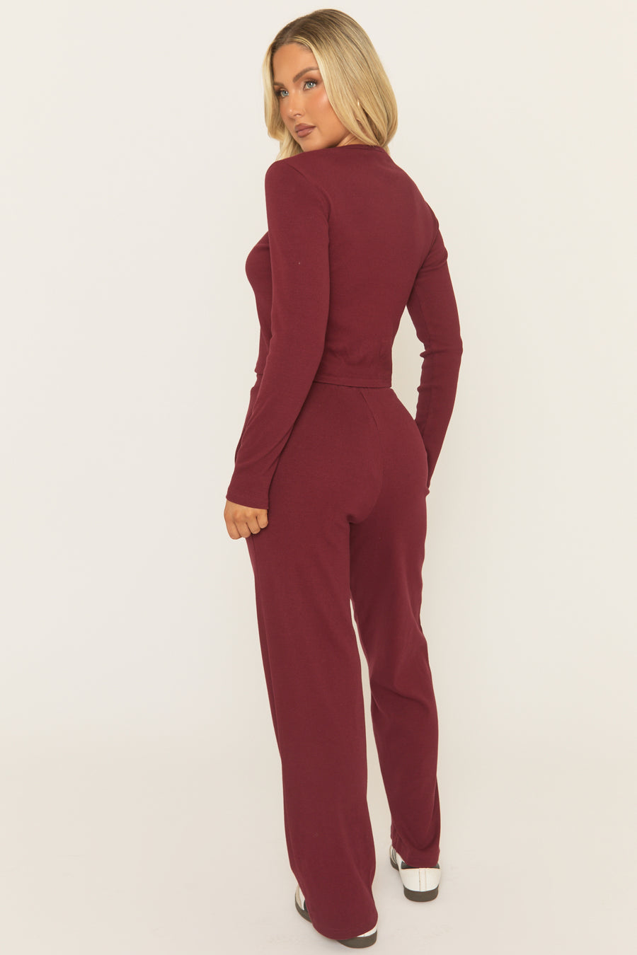 Wine Button Front Long Sleeve Top and Trouser Loungewear Co-ord Set - Izzabelle