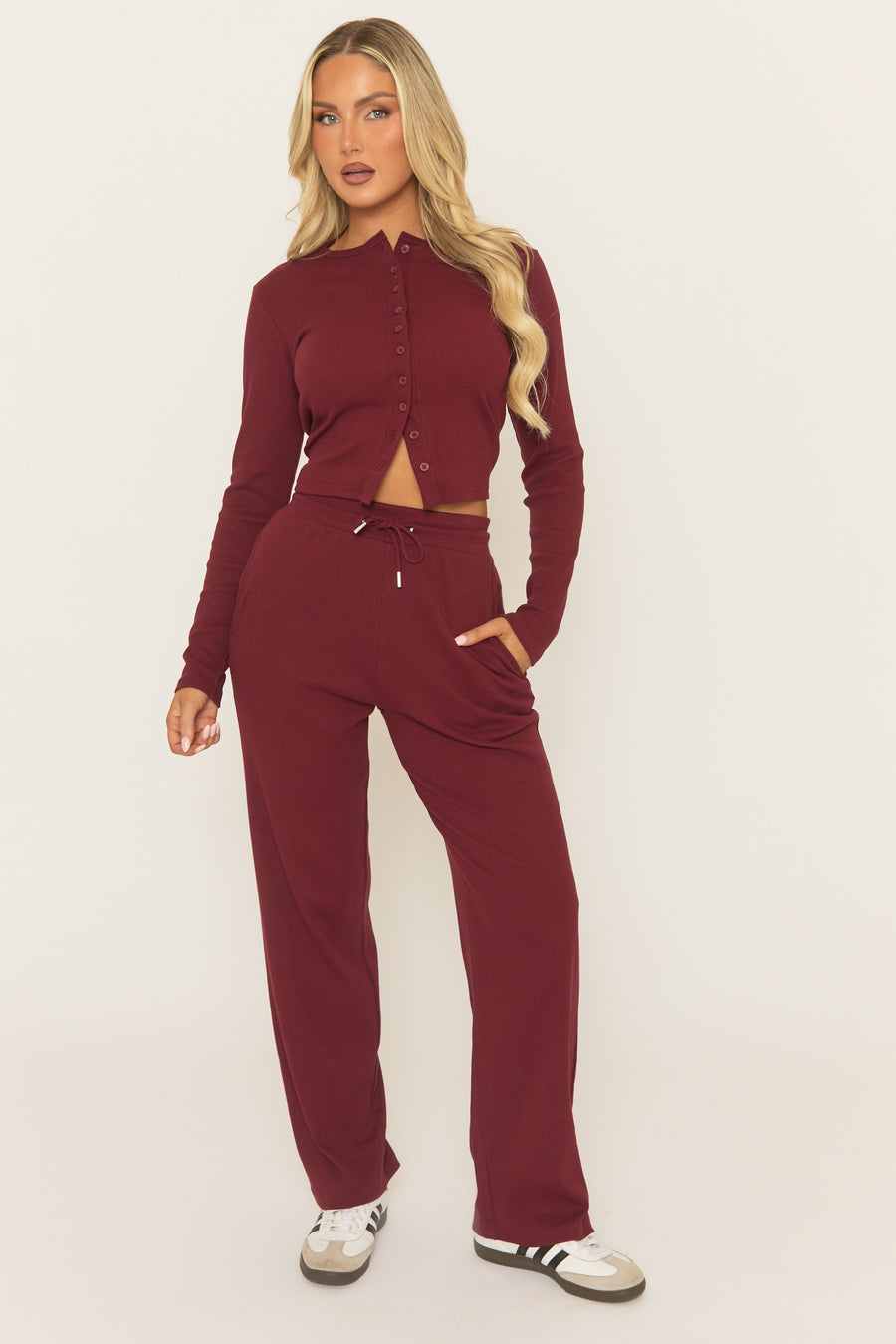 Wine Button Front Long Sleeve Top and Trouser Loungewear Co-ord Set - Izzabelle