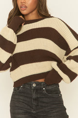 Beige Stripe Cropped Knit Oversized Jumper - Ciara