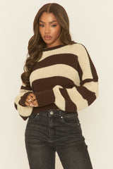 Beige Stripe Cropped Knit Oversized Jumper - Ciara