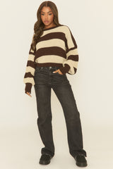 Beige Stripe Cropped Knit Oversized Jumper - Ciara