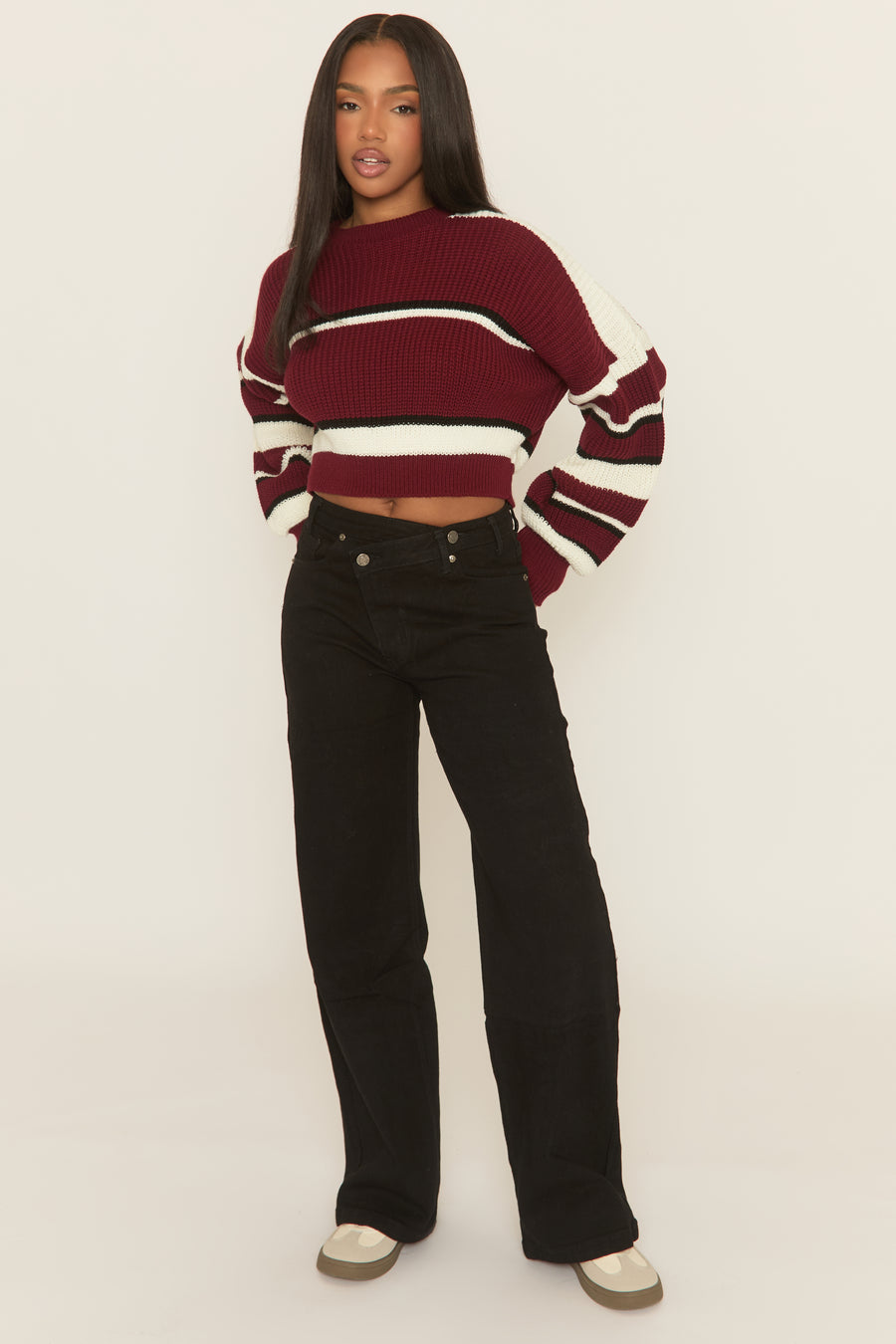 Wine Stripe Cropped Knit Jumper - Isobella