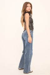 Mid Blue Stretch Distressed Straight Leg Denim Jeans - Zia