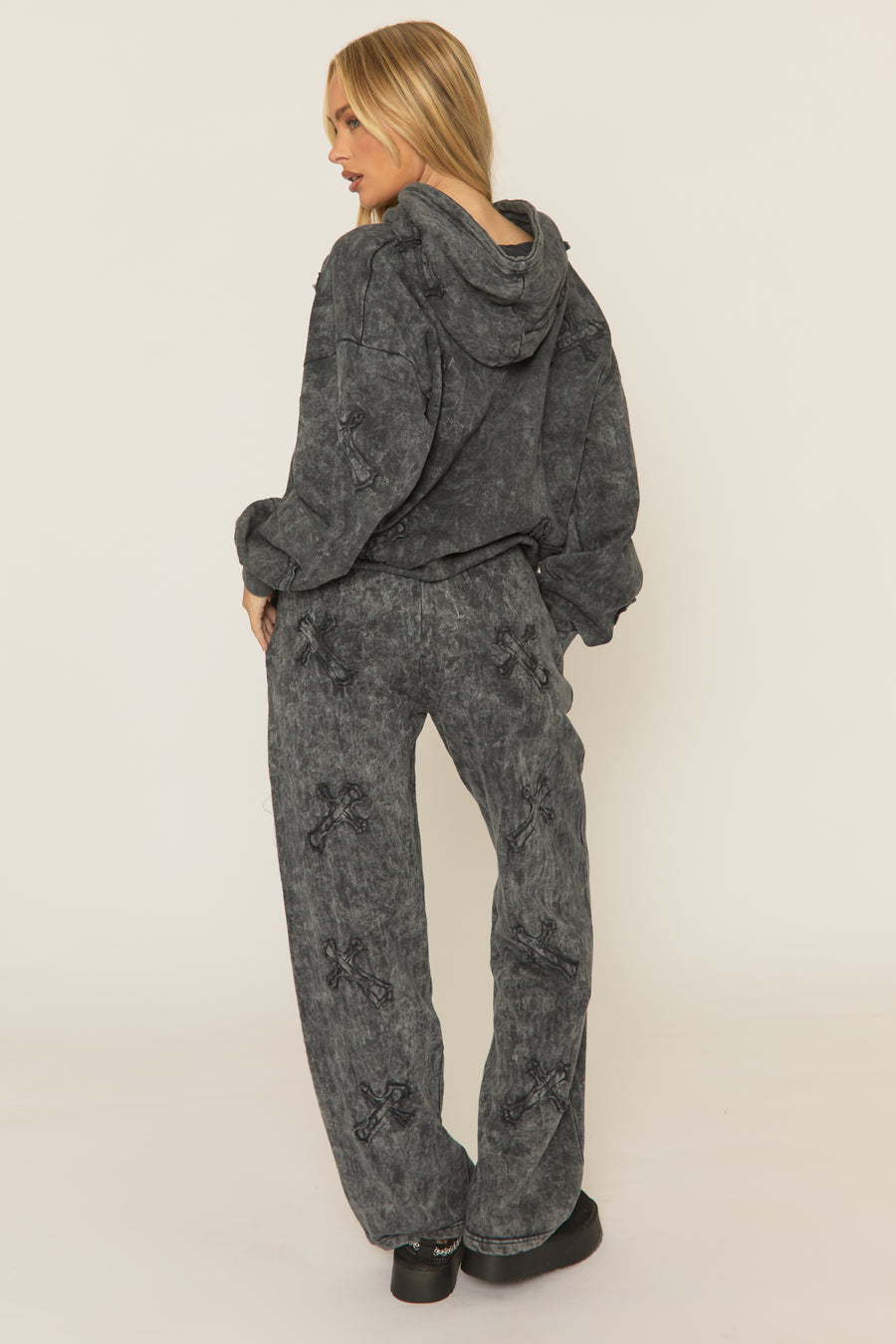 Charcoal Acid Wash Cross Patch Detail Hoodie and Joggers Loungewear Co-ord Set - Kelani