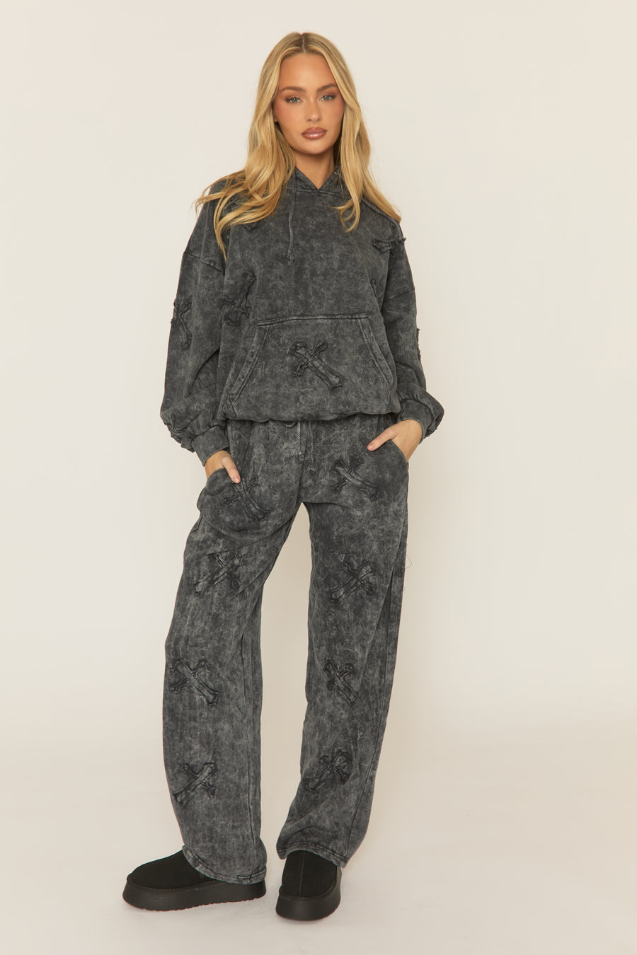 Charcoal Acid Wash Cross Patch Detail Hoodie and Joggers Loungewear Co-ord Set - Kelani