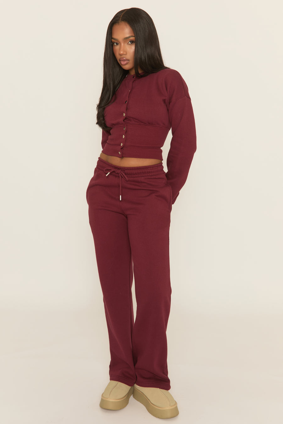 Wine Popper Front Cinched Waist Sweatshirt and Wide Leg Trousers Loungewear Co-ord Set - Neelam