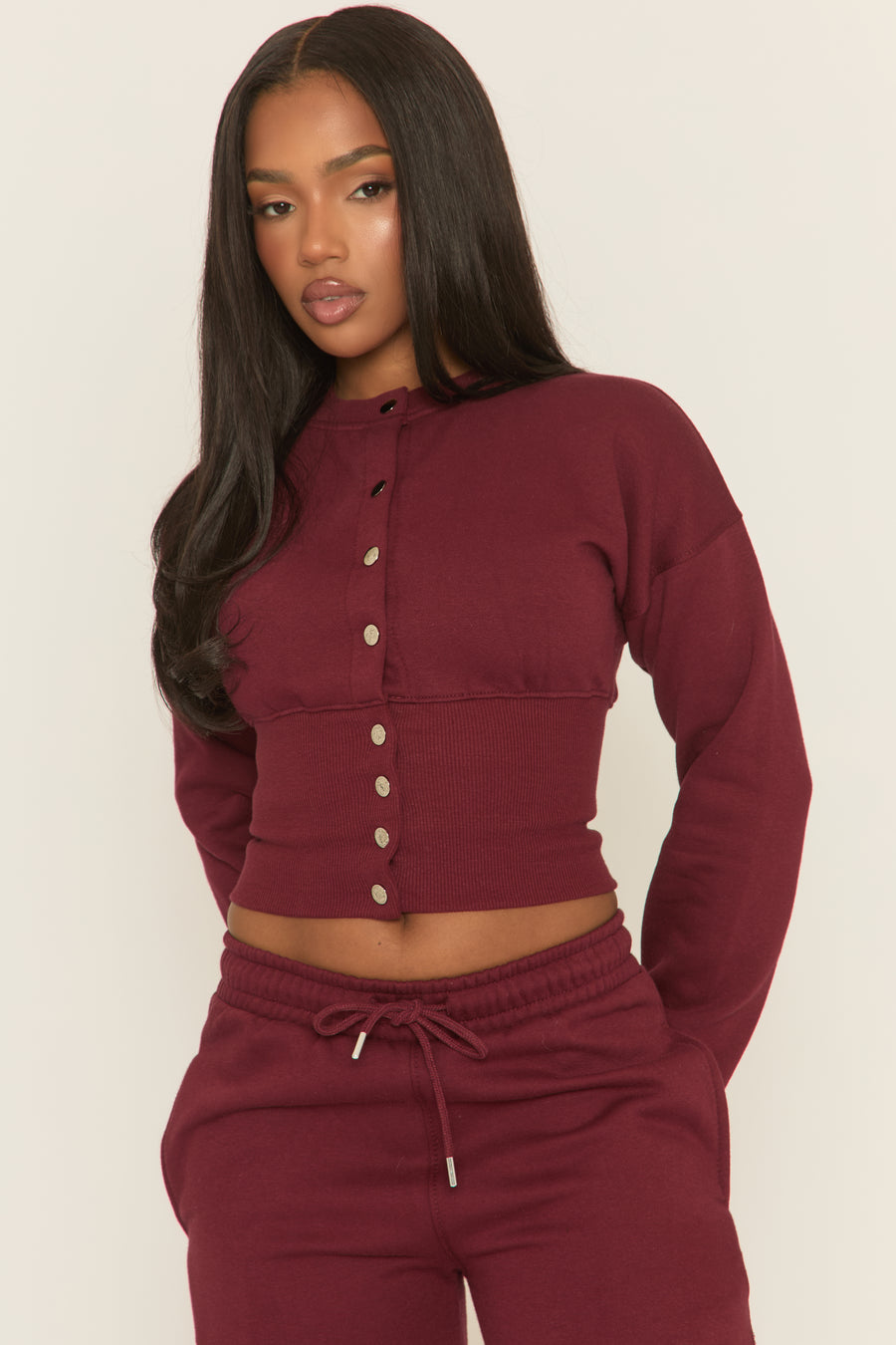 Wine Popper Front Cinched Waist Sweatshirt and Wide Leg Trousers Loungewear Co-ord Set - Neelam