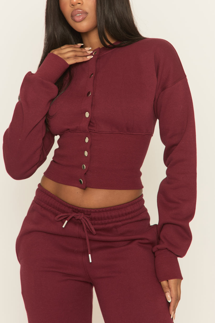 Wine Popper Front Cinched Waist Sweatshirt and Wide Leg Trousers Loungewear Co-ord Set - Neelam