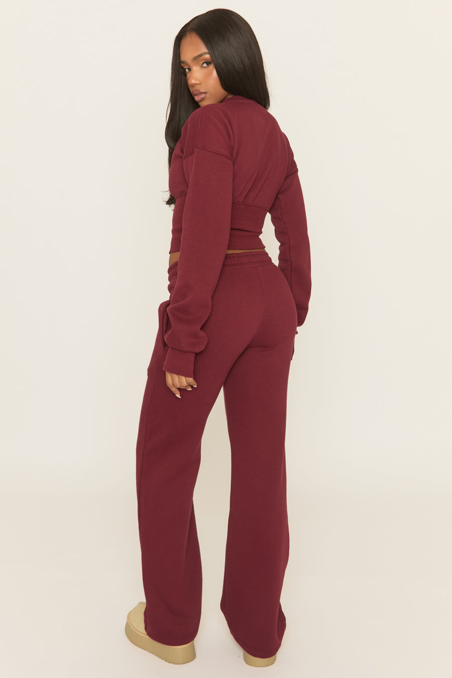Wine Popper Front Cinched Waist Sweatshirt and Wide Leg Trousers Loungewear Co-ord Set - Neelam