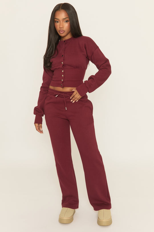 Wine Popper Front Cinched Waist Sweatshirt and Wide Leg Trousers Loungewear Set - Neelam