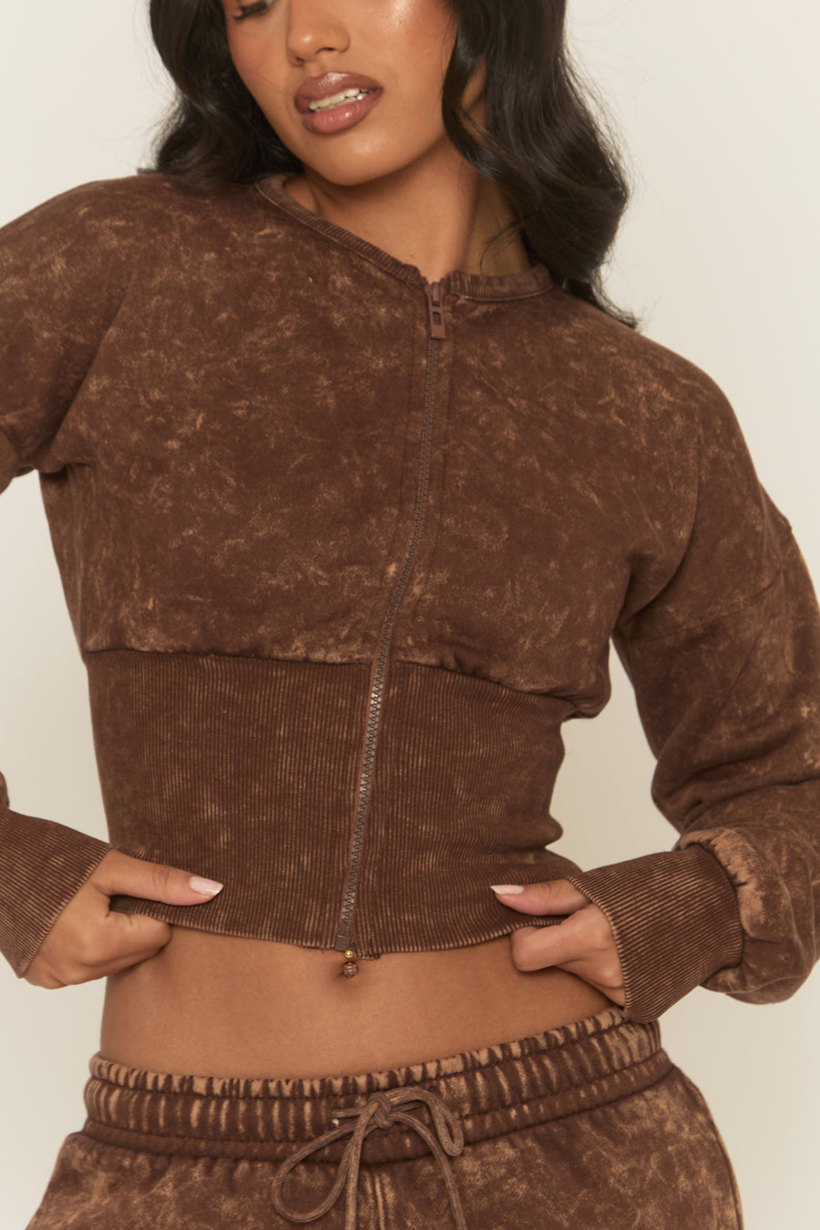 Brown Acid Wash Cinched Waist Jacket and Joggers Loungewear Co-ord Set - Andra