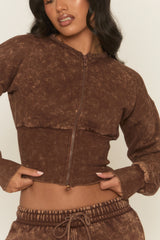 Brown Acid Wash Cinched Waist Jacket and Joggers Loungewear Set - Andra