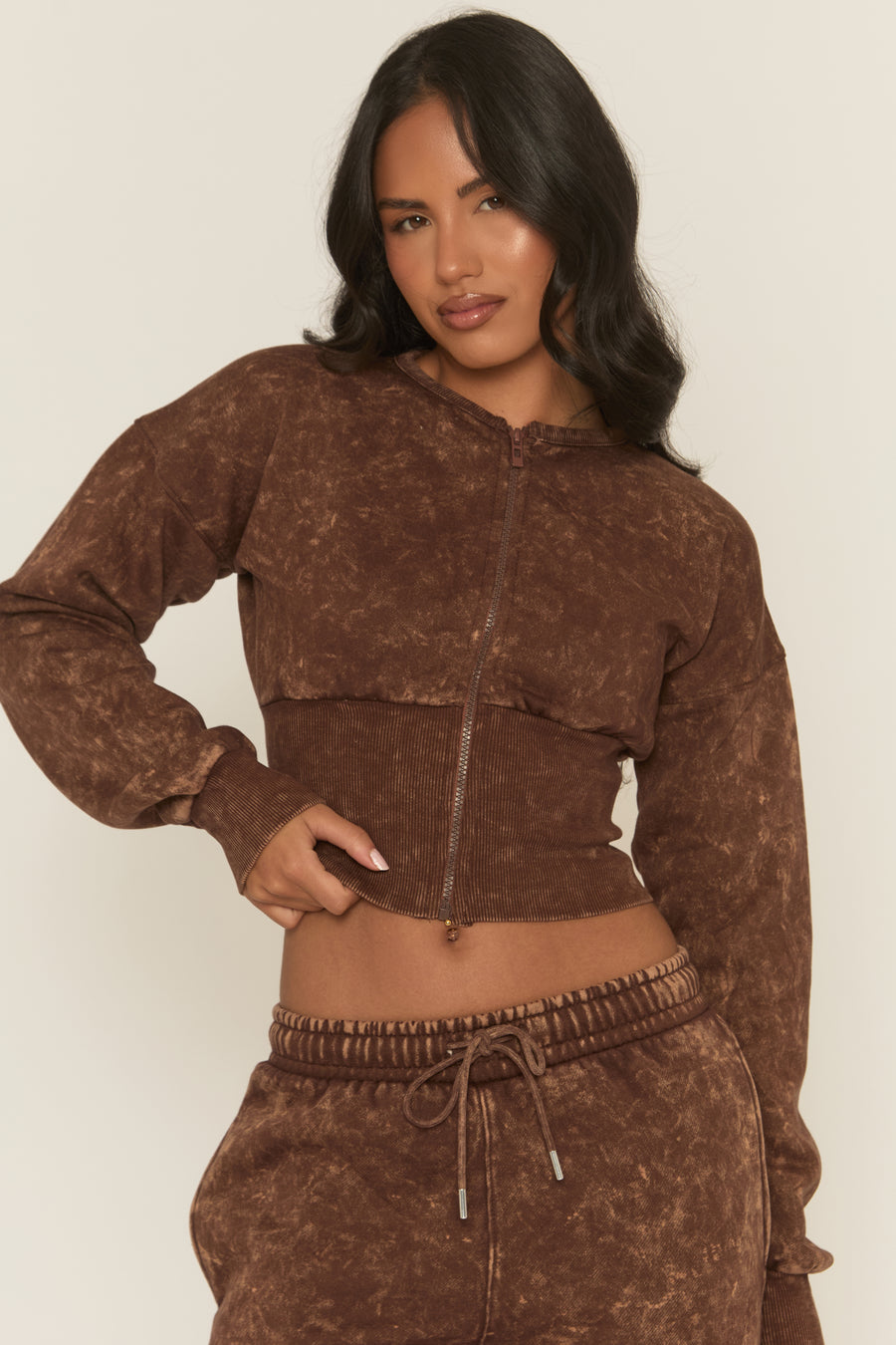 Brown Acid Wash Cinched Waist Jacket and Joggers Loungewear Co-ord Set - Andra