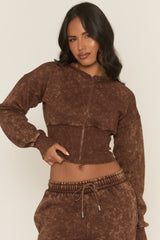 Brown Acid Wash Cinched Waist Jacket and Joggers Loungewear Set - Andra