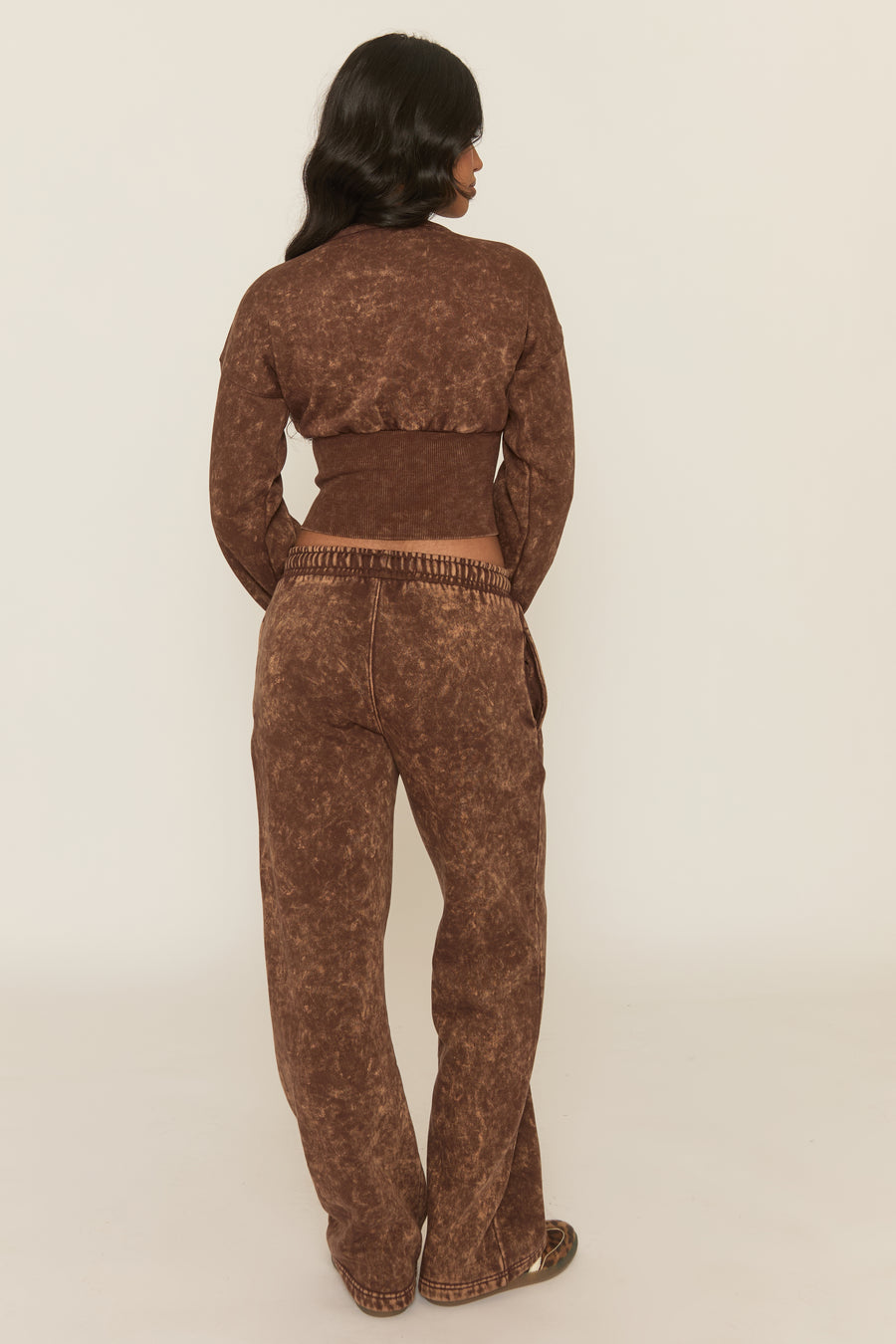 Brown Acid Wash Cinched Waist Jacket and Joggers Loungewear Co-ord Set - Andra