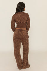 Brown Acid Wash Cinched Waist Jacket and Joggers Loungewear Set - Andra