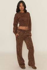 Brown Acid Wash Cinched Waist Jacket and Joggers Loungewear Set - Andra