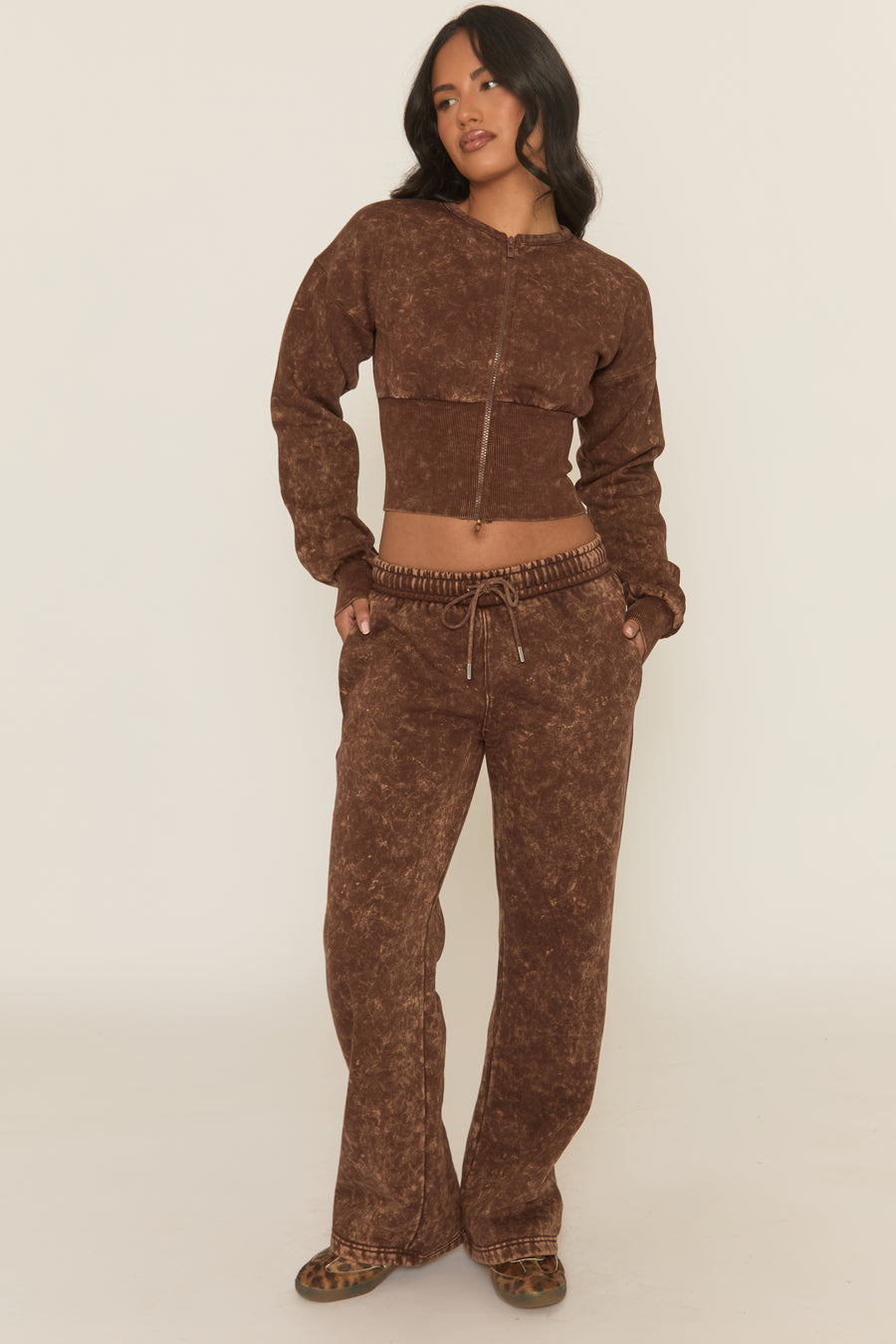 Brown Acid Wash Cinched Waist Jacket and Joggers Loungewear Co-ord Set - Andra