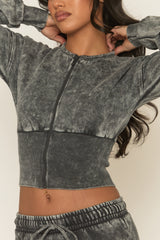 Charcoal Acid Wash Cinched Waist Jacket and Joggers Loungewear Set - Andra