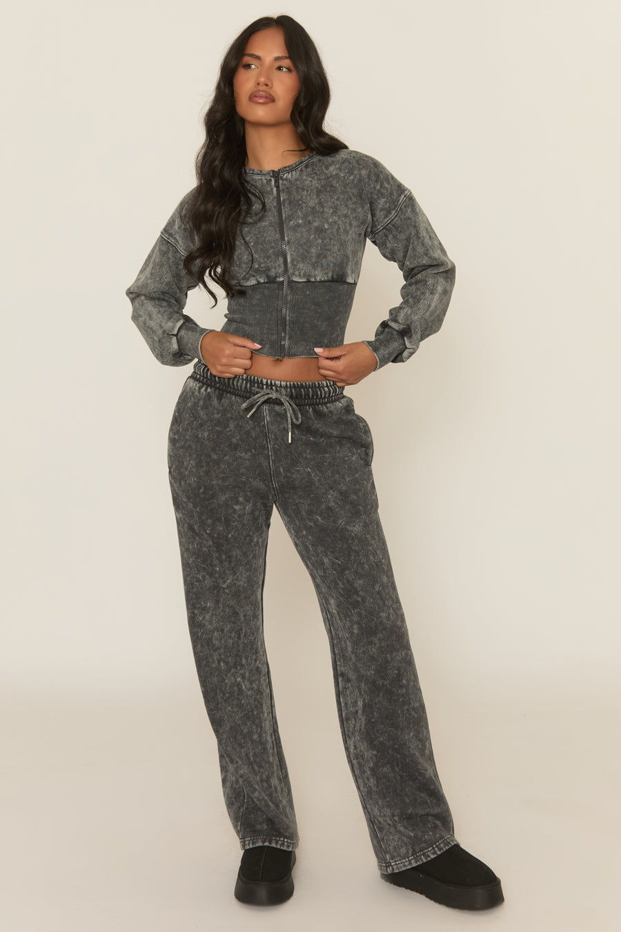 Charcoal Acid Wash Cinched Waist Jacket and Joggers Loungewear Co-ord Set - Andra