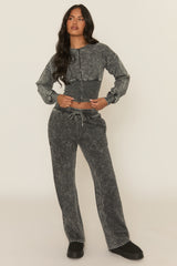Charcoal Acid Wash Cinched Waist Jacket and Joggers Loungewear Set - Andra