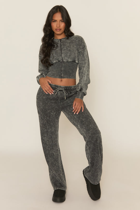 Charcoal Acid Wash Cinched Waist Jacket and Joggers Loungewear Set - Andra