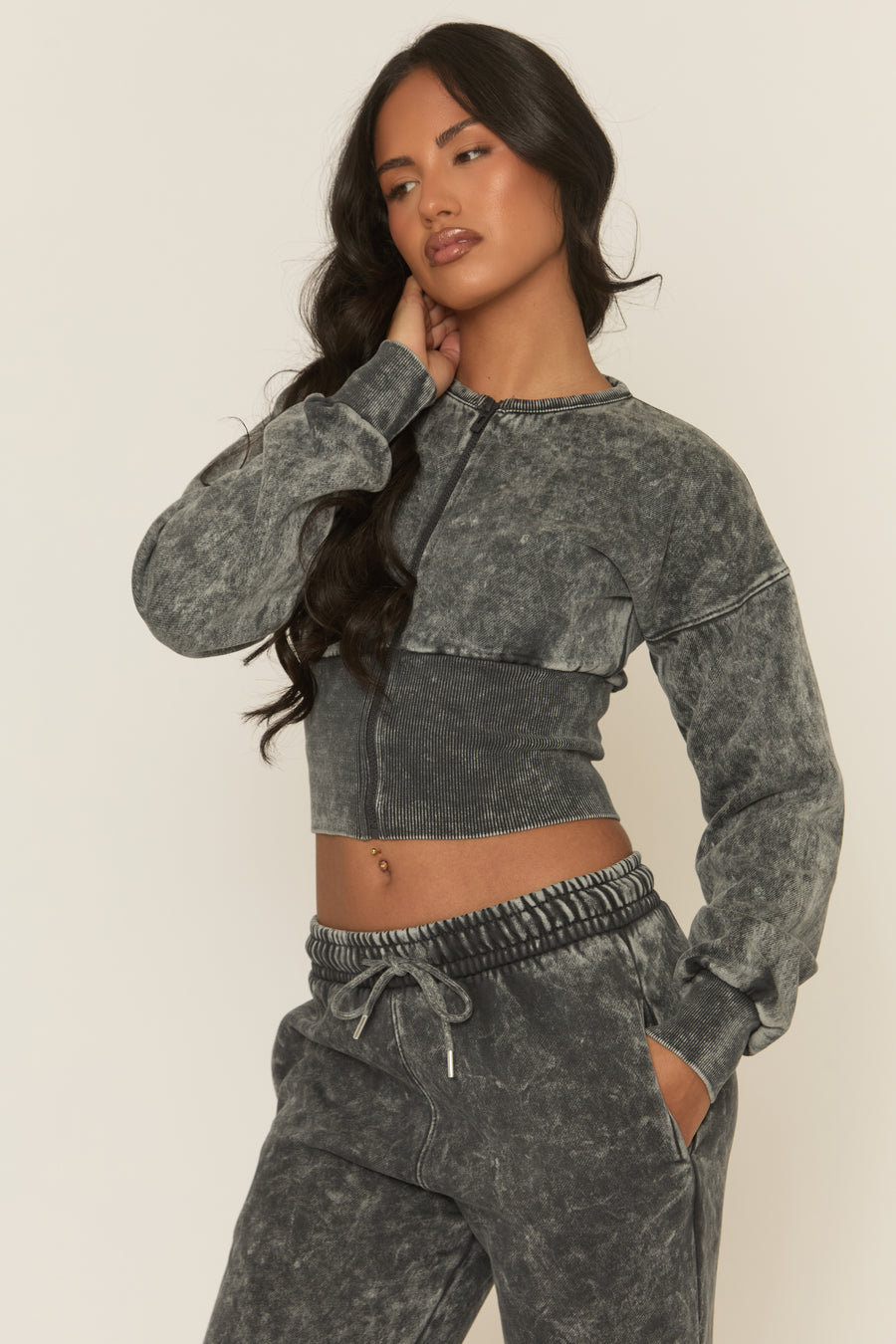 Charcoal Acid Wash Cinched Waist Jacket and Joggers Loungewear Co-ord Set - Andra