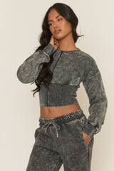 Charcoal Acid Wash Cinched Waist Jacket and Joggers Loungewear Set - Andra