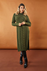 Khaki Cabled Knit Oversized Midi Dress - Susan