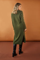 Khaki Cabled Knit Oversized Midi Dress - Susan