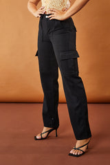 Black Straight Leg Pocket Detail Cargo Trousers - Paige