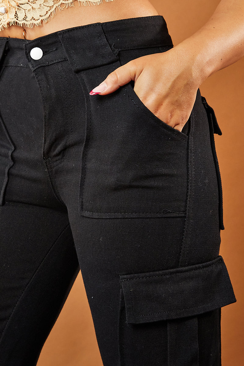 Black Straight Leg Pocket Detail Cargo Trousers - Paige