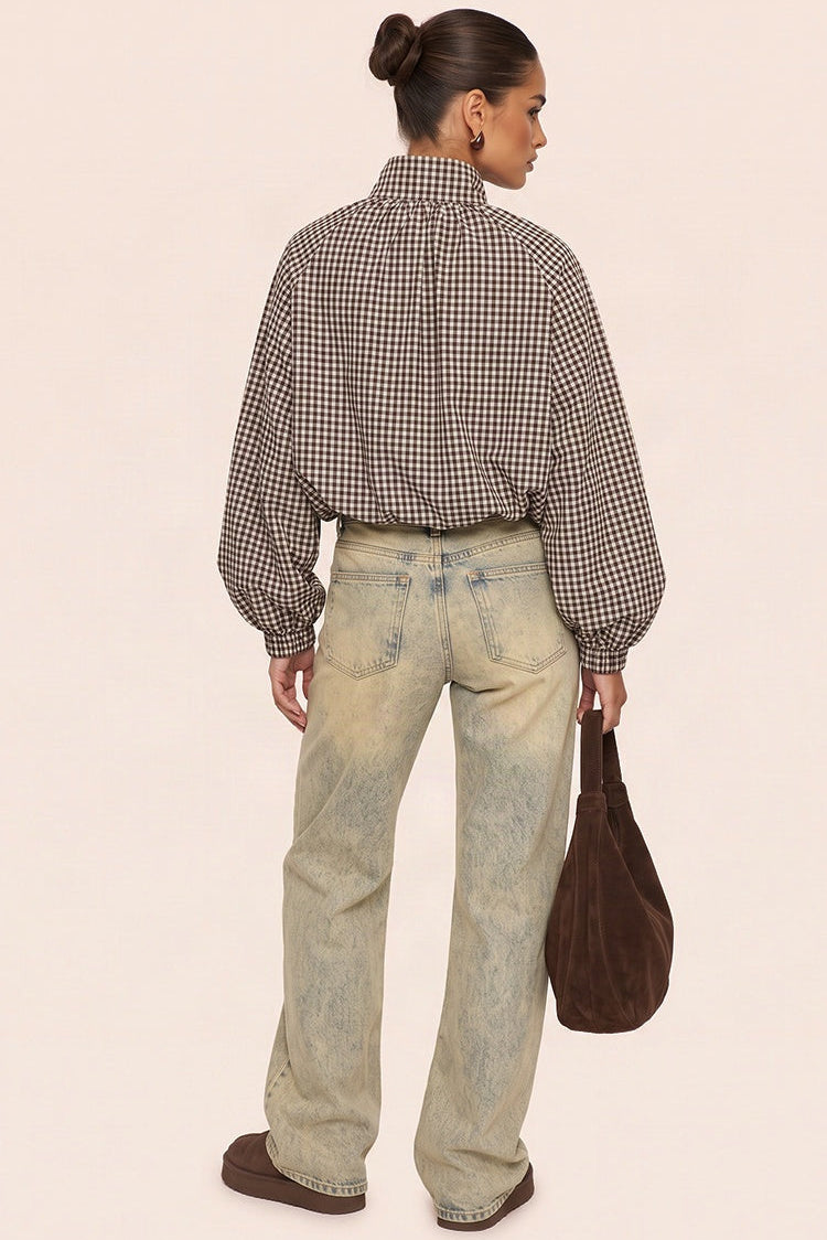 Chocolate Brown Check Funnel Neck Bomber Jacket - Sophaya