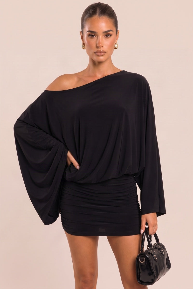 Black Asymmetric Batwing Mini Dress - Neema