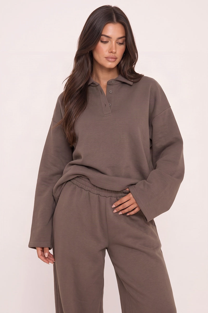 Brown Polo Collar Wide Sleeve Sweatshirt - Deniz