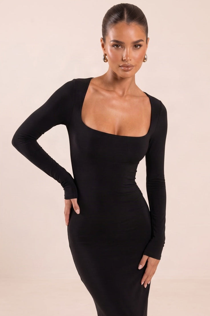Black Long Sleeve Slinky Square Neck Bodycon Maxi Dress - Kayah