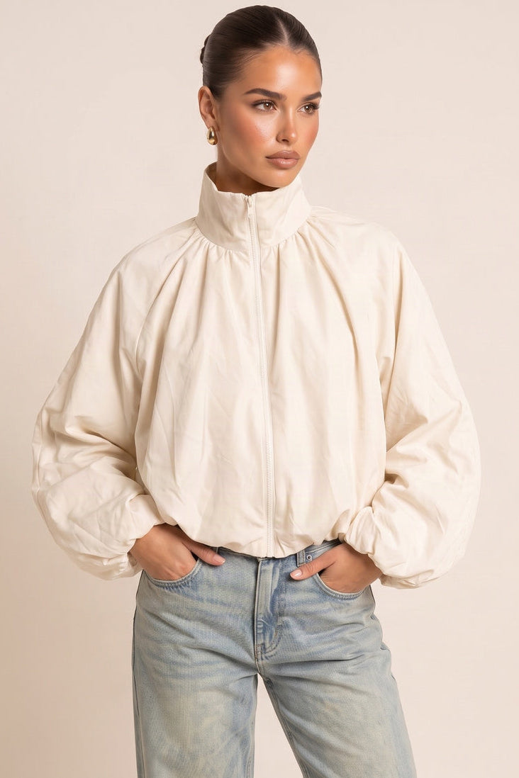 Cream Funnel Neck Zip Front Bomber Jacket - Kairi